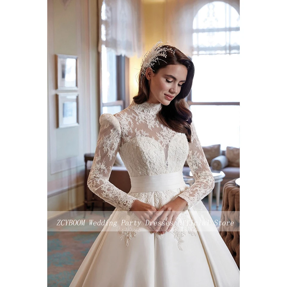 

Customized High-Neck Lace Appliques Wedding Dress 2025 A-Line Floor Length Sweep Train Full Sleeves Satin Zipper Bridal Gown