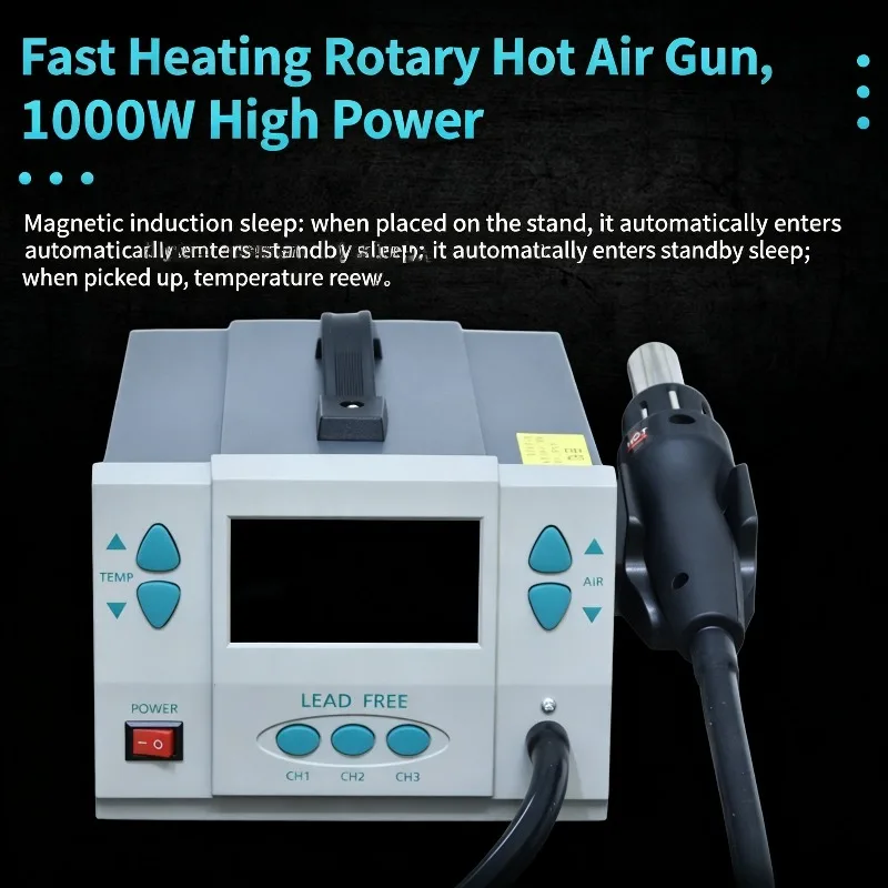 Hot Air Gun Soldering Station Industrial Grade 1000W High Frequency Smart LCD Digital Display Temperature Control Anti Scald