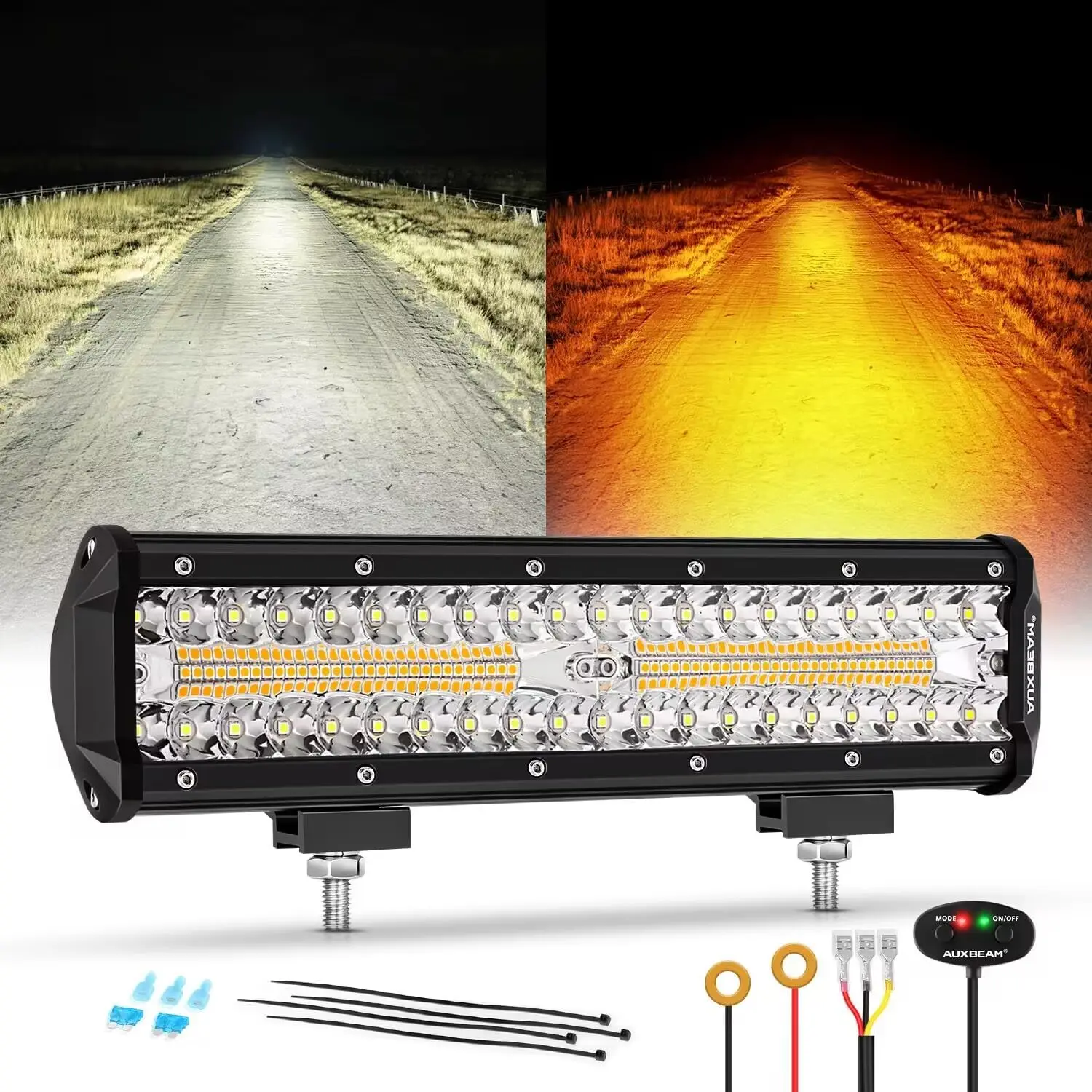 12Inch 300W Amber White Dual Color LED Light Bar, 6 Modes Strobe Offroad Fog Light, Spot Flood Combo Flashing Emergency Off Road