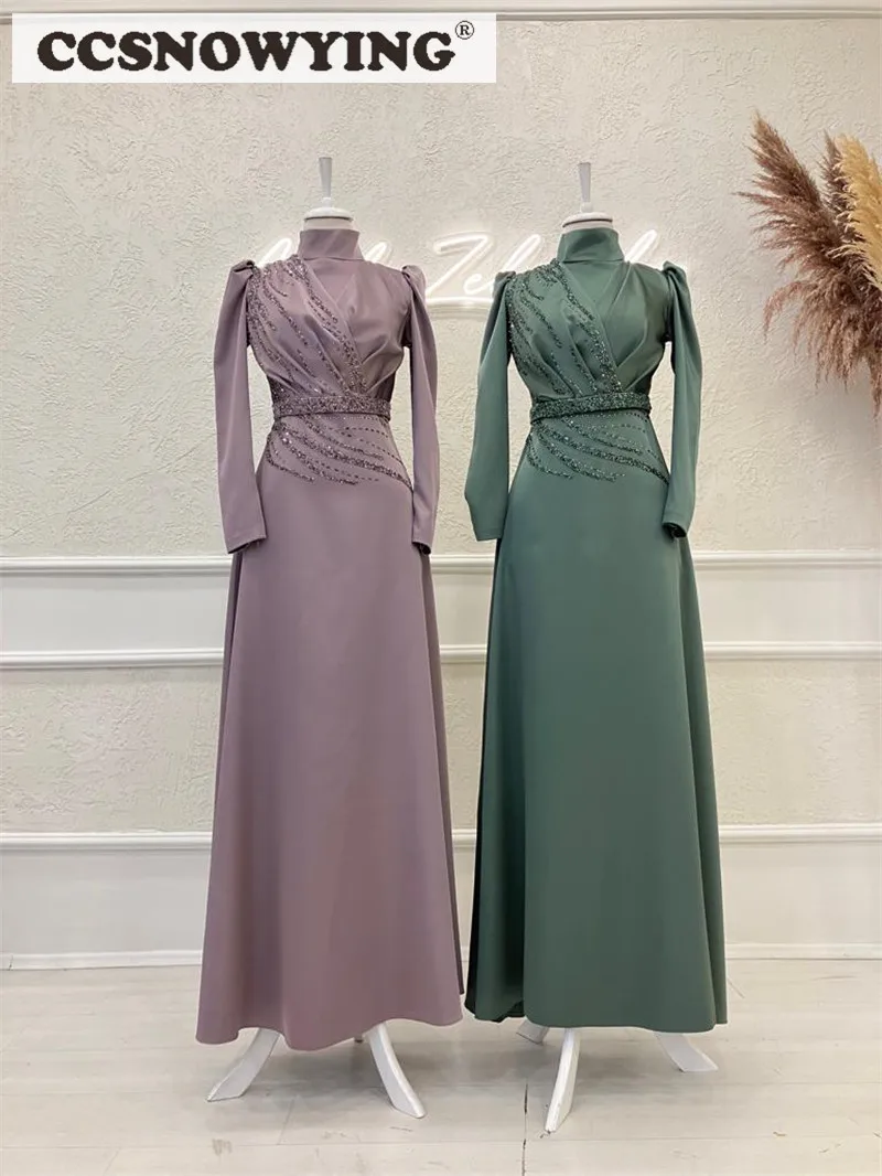 Vestidos De Noche musulmanes De manga larga con cuentas De satén para mujer, vestidos De fiesta formales islámicos De cuello alto, Hijab árabe, caftán De Soirée