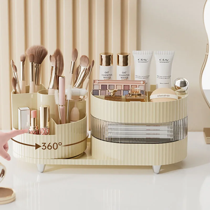 

360 ° Вращающаяся коробка для хранения косметики, органайзер для кистей для макияжа, большая емкость, полка для ухода за кожей, теней для век, помады