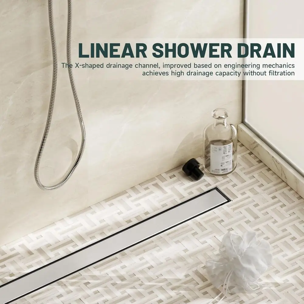 Ralo Linear de Chuveiro de 28 Polegadas em Níquel Escovado com Coletor de Cabelos