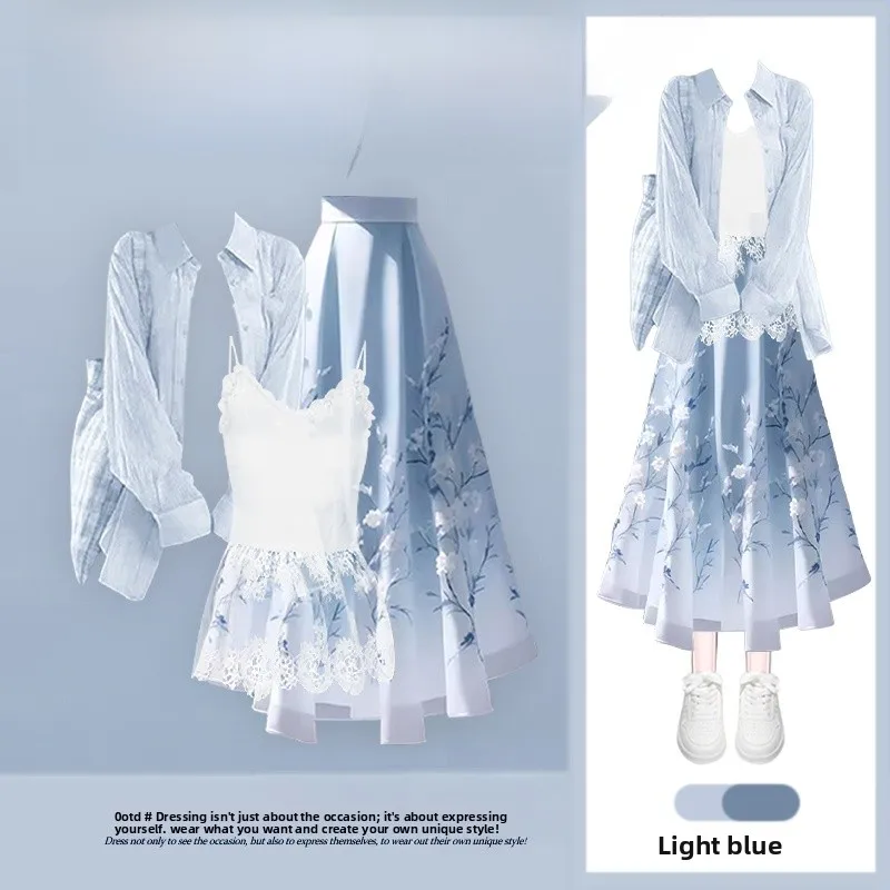 

Spring New Korean Sle Women's Lazy Slimming Lace Trim Blouse ter Ne Skirt Tee Piece Set Faionable Casual Outfit