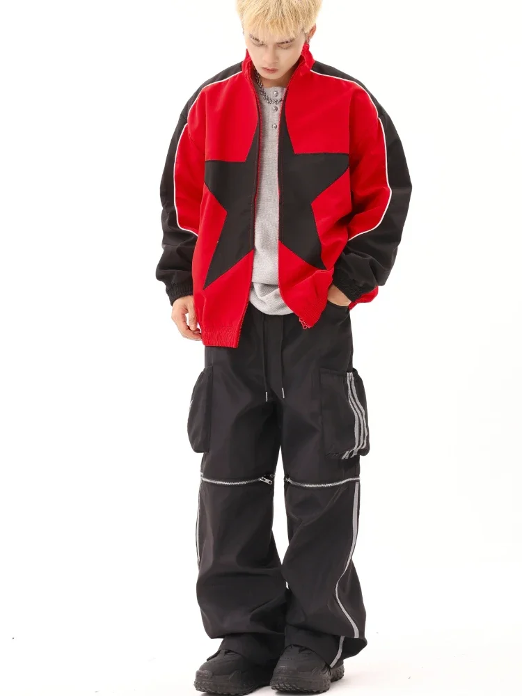 Jackets Men Baggy Geometric High Street Bomber Classic Stylish Versatile Students American Chic Zip Up Coats Aesthetic