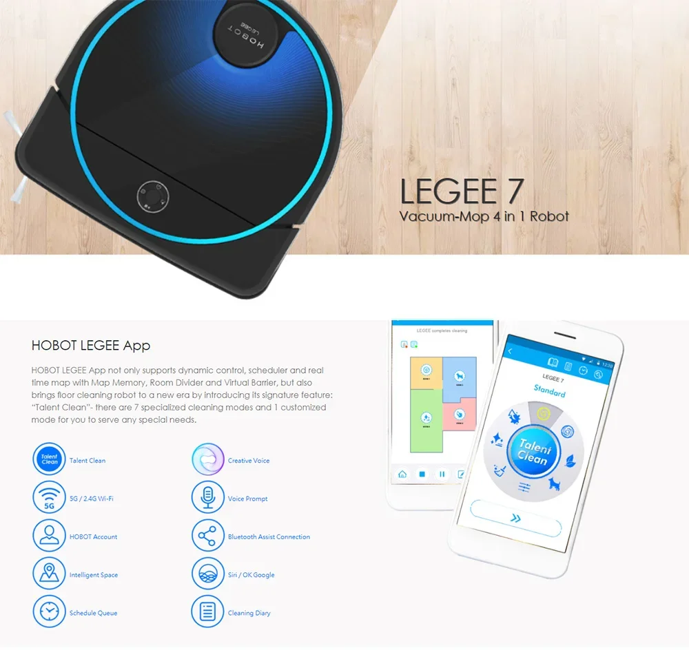 HOBOT LEGEE 7 Wet and Dry Cleaning Robot with Voice WiFi APP Remote Control Sweeping and Mopping Vacuum Robot Cleaner