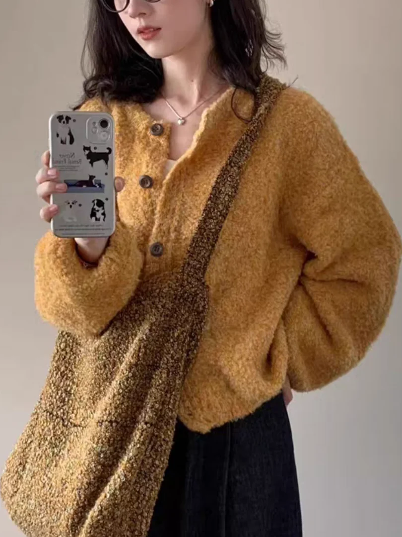 

Модный вязаный свитер-кардиган с круглым вырезом, свободного кроя, женский, осенне-зимний, в стиле Laid-ba, с дизайнерским акцентом, стройнящий, модный топ