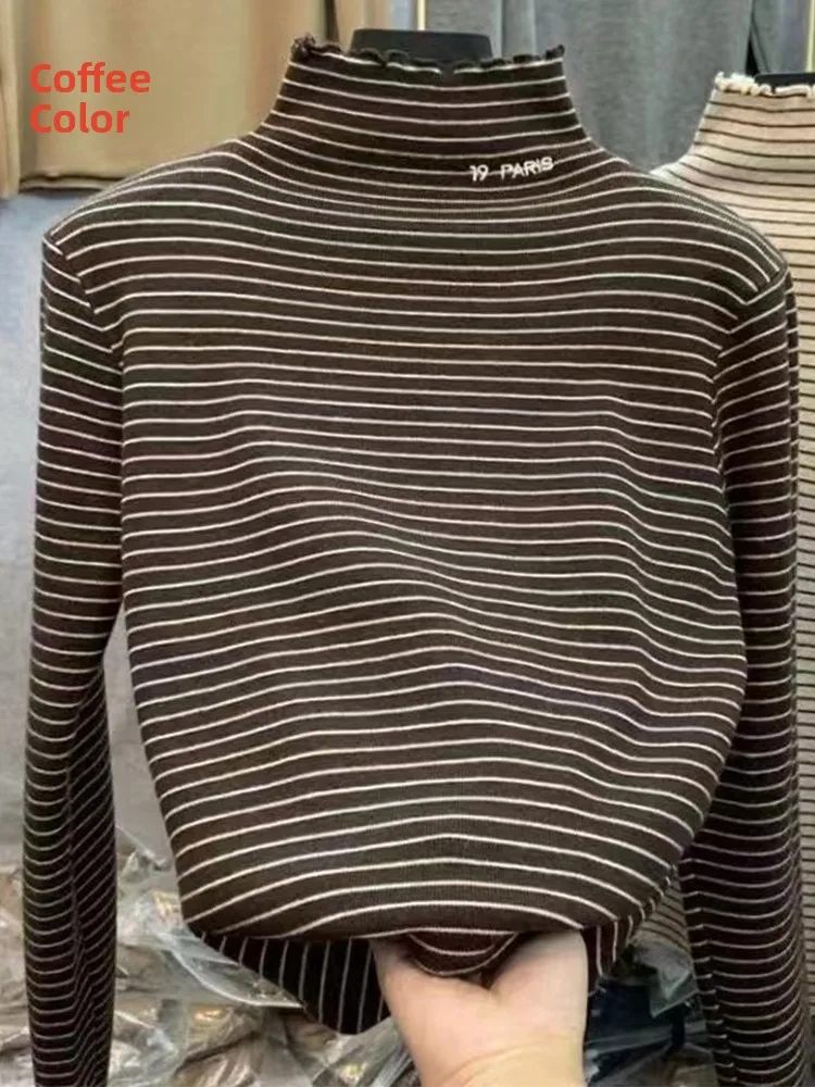 Thiened dupla face de lã longa sve camiseta feminina base irt f-gola alta forrado outono inverno faionable