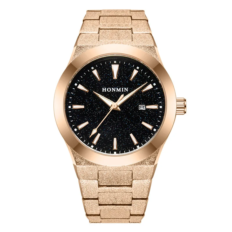 Cross-border new men's watch luminous waterproof star quartz watch fashion gold sand steel belt men's watch hot sale**