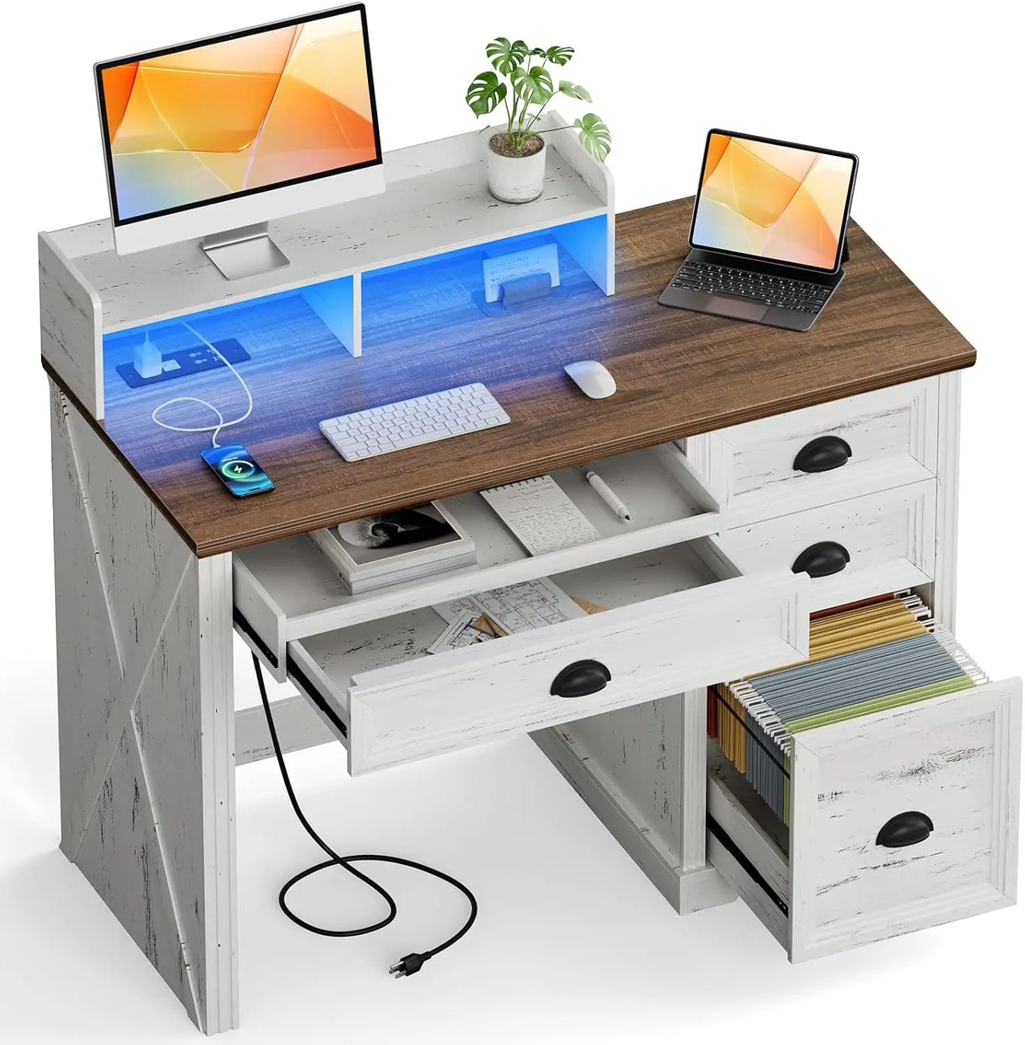 

Computer Desk with Monitor Stand, 47 in Farmhouse Home Office Desk with LED Lights Power Outlets, Executive Desk with Storage fo
