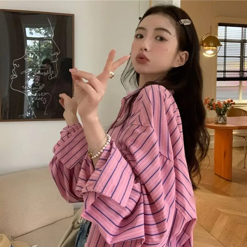 Xej Vintage Y 2K Roze En Blauw Gestreept Shirt Lange Mouwen Tuniek Elegant Social Dames Oversized Shirt Lente Zomer Blouse