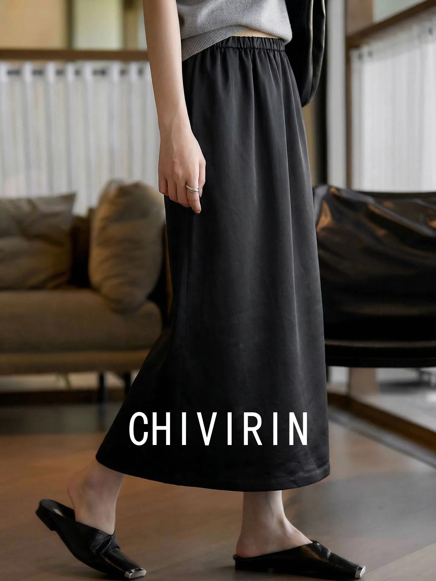 

Новая женская летняя черная драпированная юбка миди А-силуэта Chivirin из медно-аммиачного шелка, прямого кроя, с высокой талией и эластичным поясом