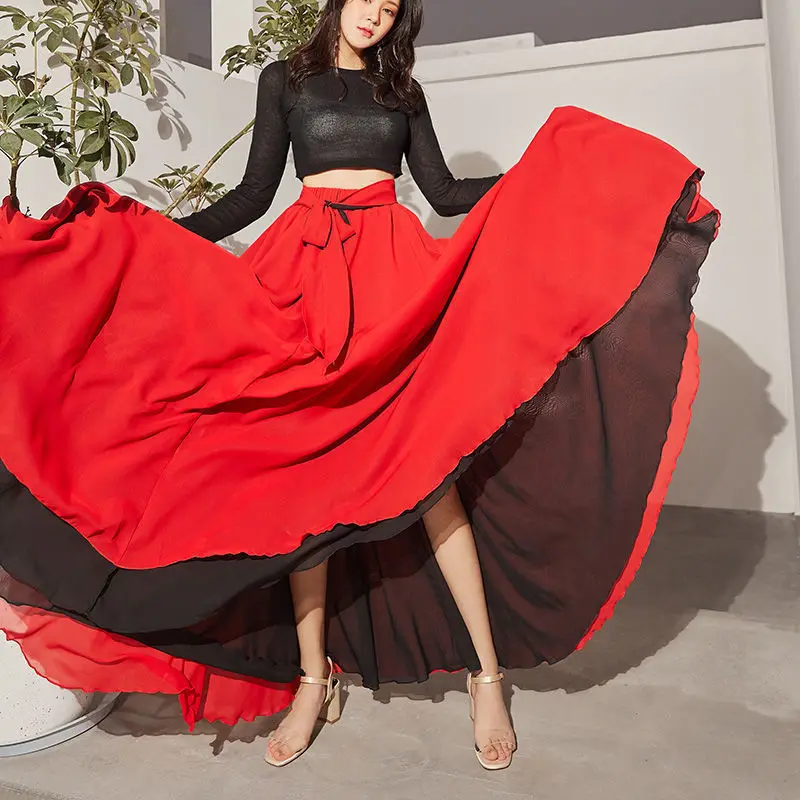 

Large skirt hem 720 degrees, double layered, two tone, two sided wearing chiffon long skirt, red Uyghur Xinjiang Dance Square da