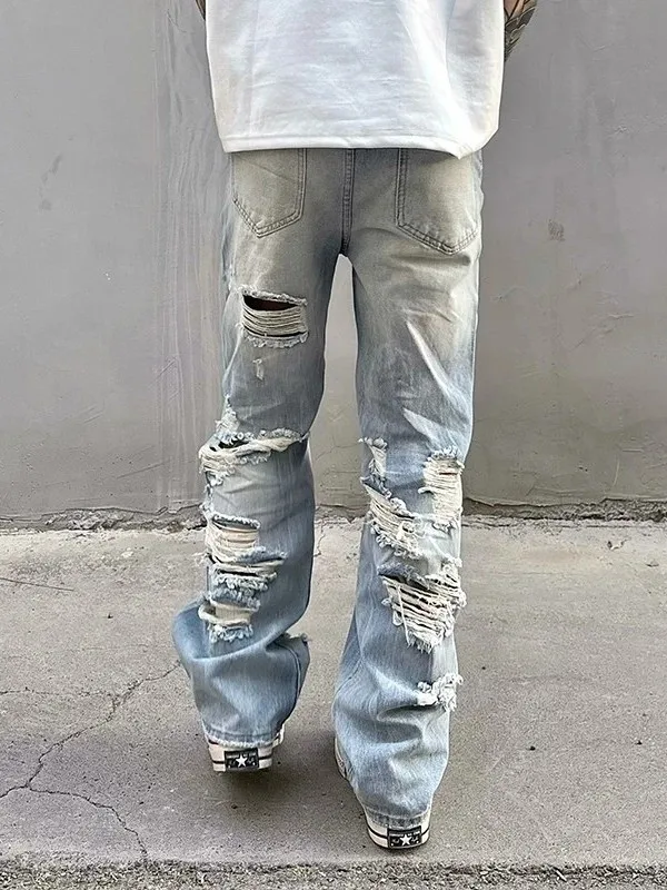 

Light Blue Men's Straight Leg Jeans Summer American Hip Hop Ripped Denim Pants Street Sle Casual Loose Fit All Seasons