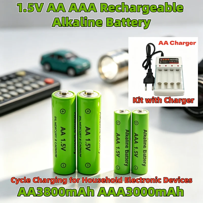 Kit batterie ricaricabili alcaline 1,5V AA AAA AA3800mAh AAA3000mAh con caricabatterie a 4 slot e spina europea per telecomandi, torce, fotocamere e giocattoli