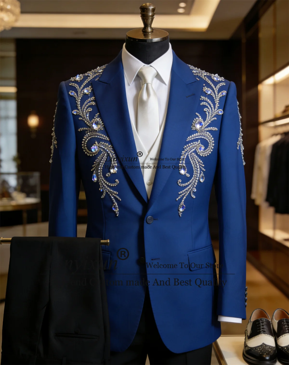 

Sparkly Rhinestons Diamond Men Suits 3 Piece Sets Groom Tuxedos Customized Slim Fit Male Prom Blazers Wedding trajes para hombre