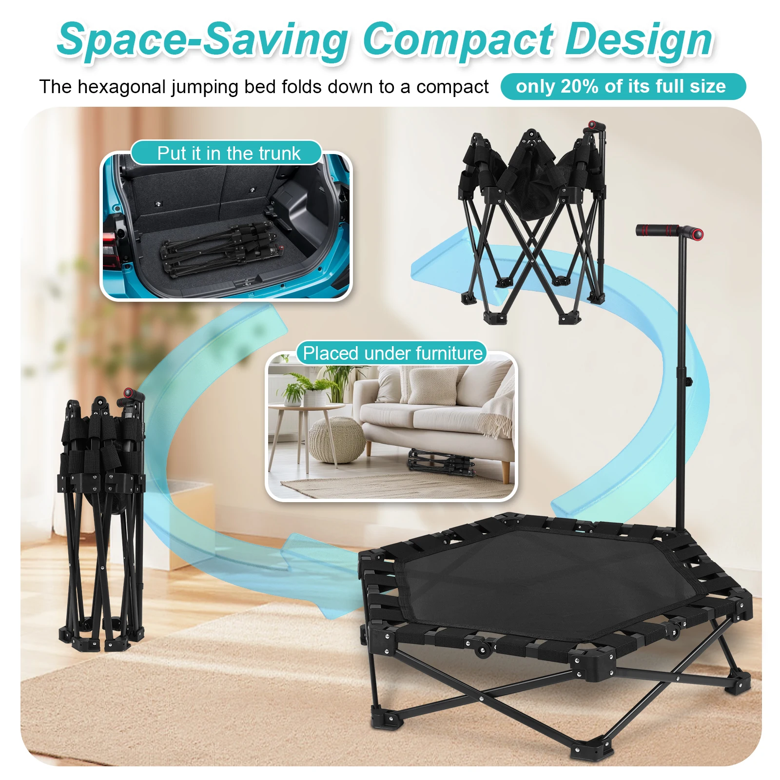 

Adjustable T-Bar Trampoline One-Step Fold & Open Training Jumping Trampoline 225kg Max Load Indoor & Outdoor Workout