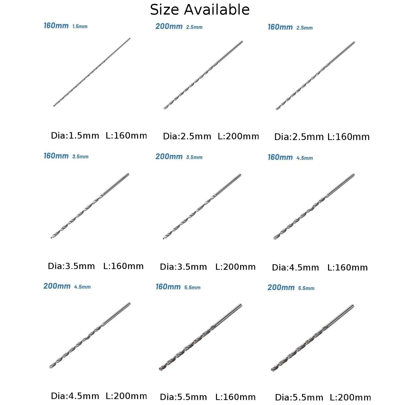 Diameter 1.5-5.5mm Length 160-200mm Extra Long HSS High Speed Steel Straight Shank-Twist Drill Bit For Metal Electric Drills