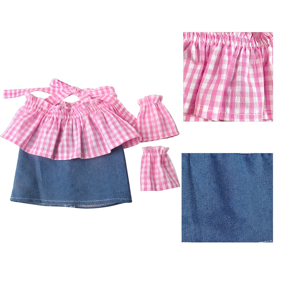 18 inch Girl Doll Pink Checkered Suspender Blue A-Line Denim Skirt Summer Cool Classic Matching Doll Beach Matching Accessories