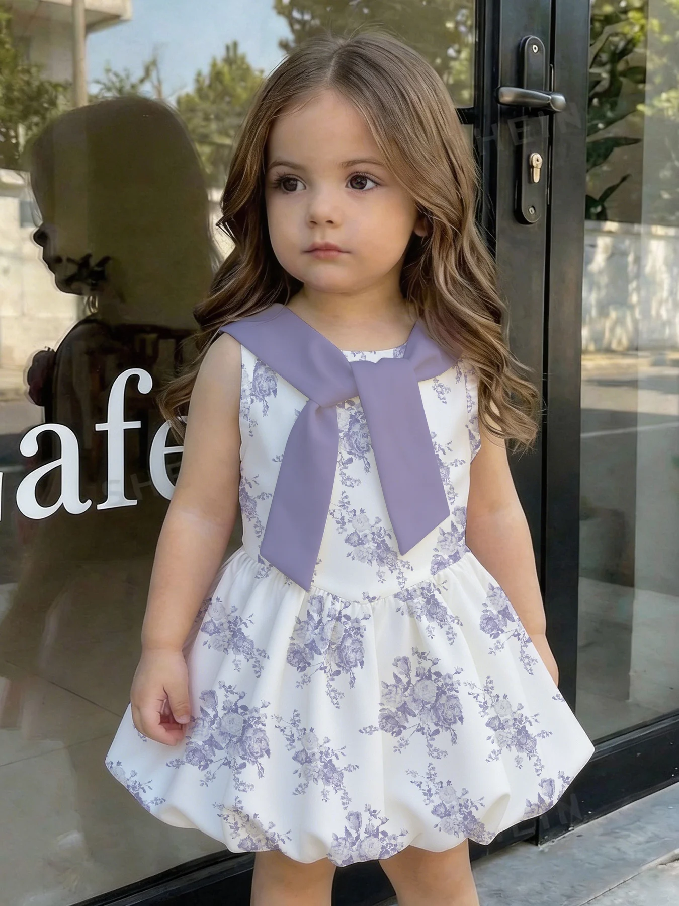 Children's Striped Bow Print Dress round Neck Sleeveless Strap Waist Cinching A-Line Skirt Casual Summer Fashion for Kids