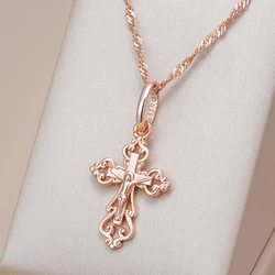 Kinel Luxury 585 Rose Gold Color Cross Pendant Necklace For Women Men Orthodox Church Jesus Glossy Charm Daily Fine Jewelry