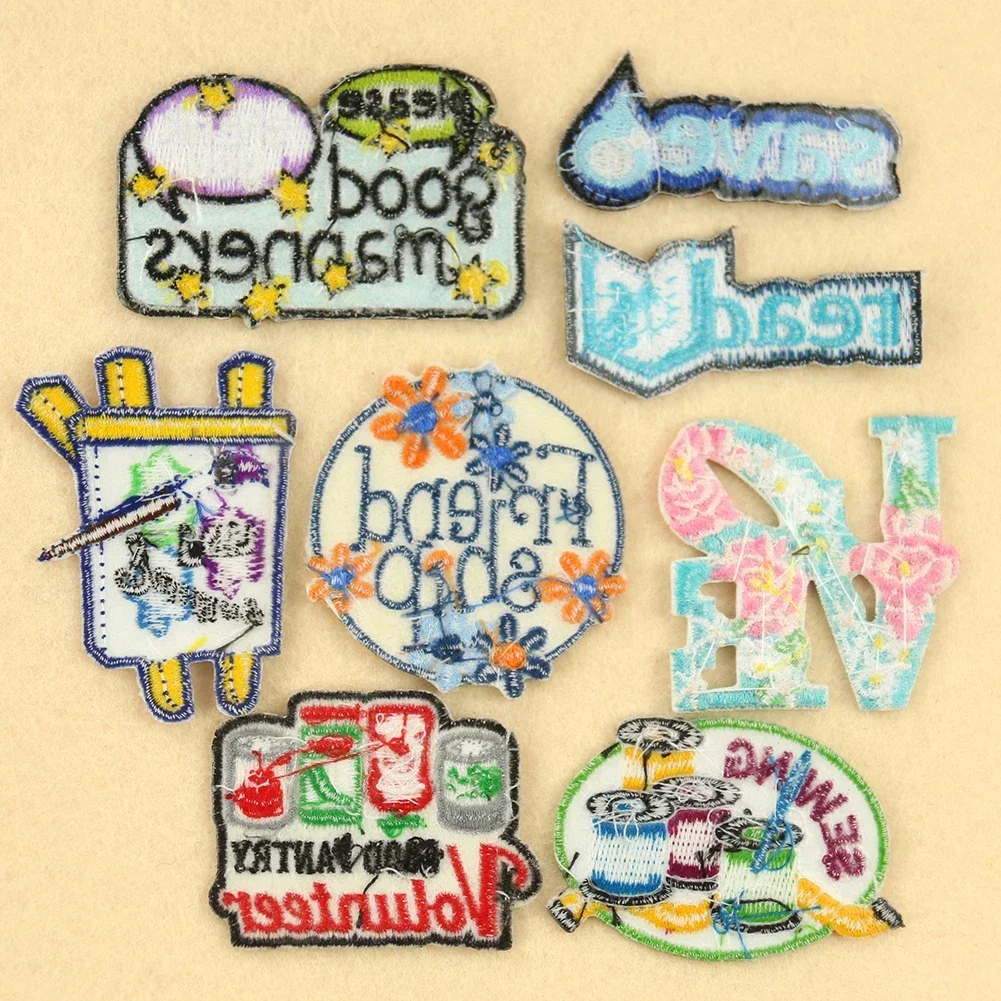 2PCS Embroidery Thermoadthesive Patches Drawing Tools Clothes Stickers Letters Flower Save Water Read Books Applique Supplies