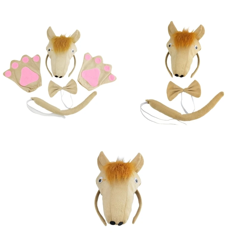 3pcs Cartoon Stuffed Horse Hair Hoop with Tail/Bowtie/Glove Set Performances Role Play Headwear for Teens Girl Child