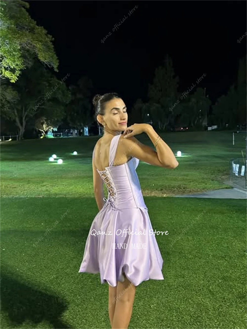 Qanz – Mini robe De bal en Satin lilas, ensemble 2 pièces, Corset, robe De fête d'anniversaire, bretelles Spaghetti, ligne A, personnalisée