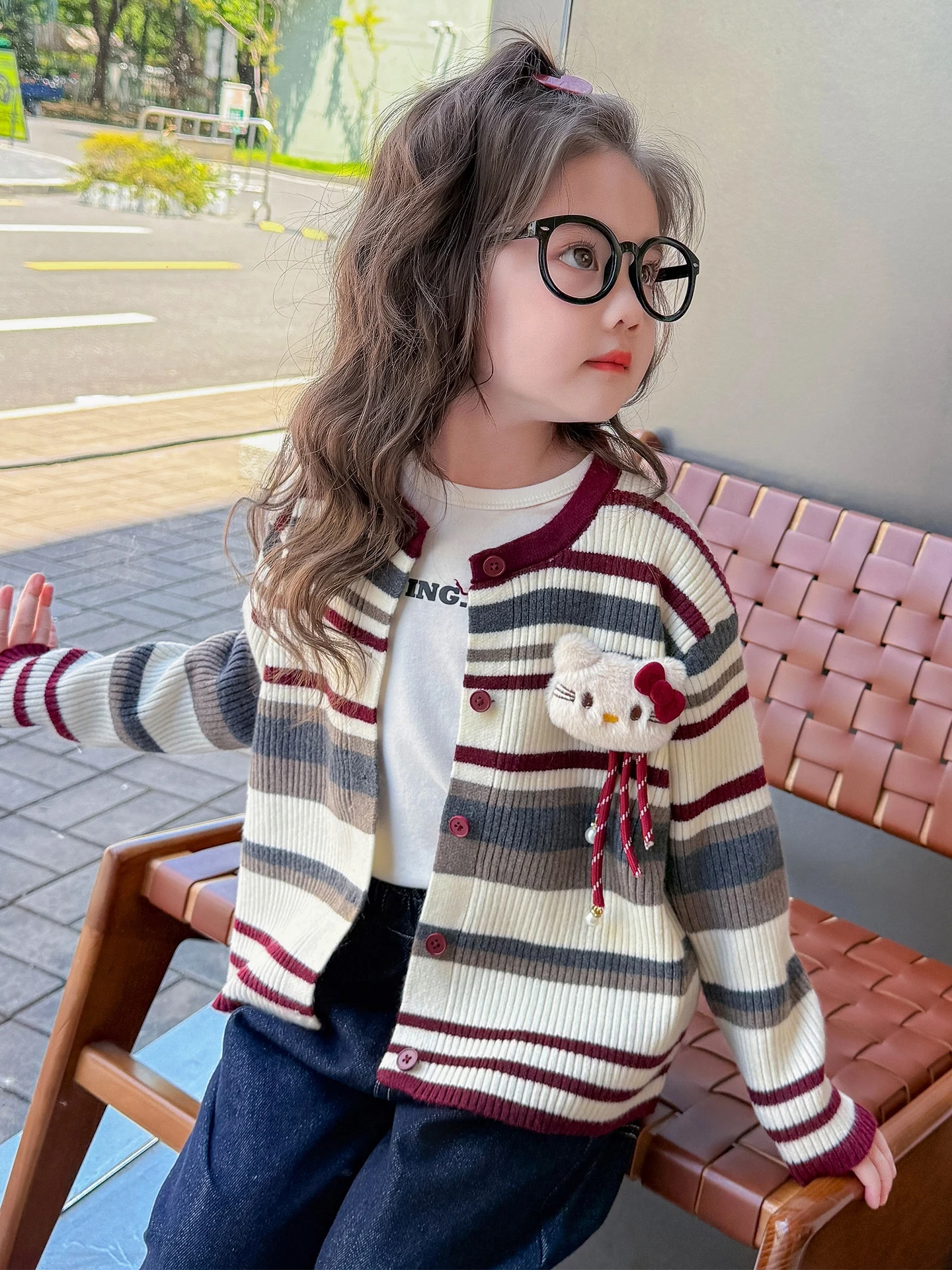 Cappotto maglione lavorato a maglia a righe da ragazza Casual lungo Sve Autunno Sle Capispalla Comodo vestibilità ampia rotondo Ne Bottone singolo Cl...