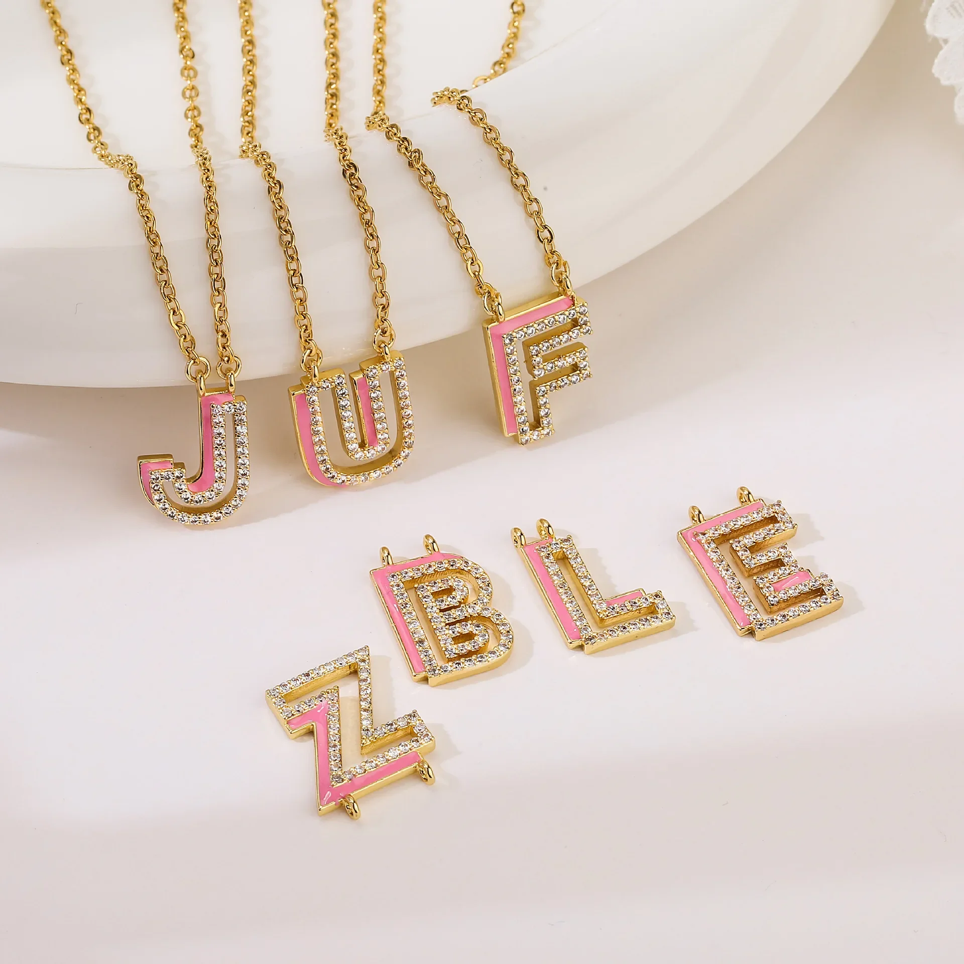 Lulu's Color Enamel Initials Necklace Women 3D Hollow Out Custom Letter Zircon Pendant Necklace Gift Summer Seaside Jewelry