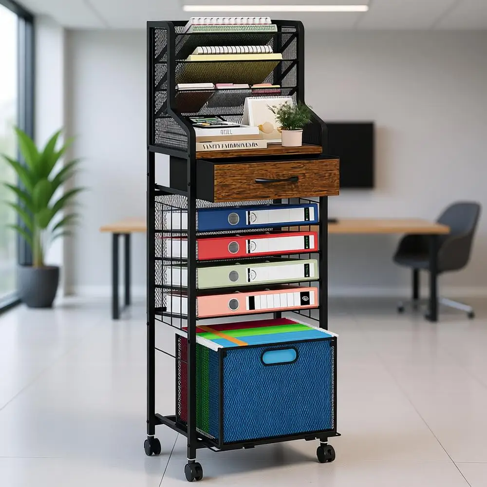 

Многоуровневая тележка на колесиках (10 ярусов) - органайзер для бумаг с сетчатыми ящиками и подвесными держателями для файлов, с блокируемыми колесами, идеально подходит для дома, студии, школы