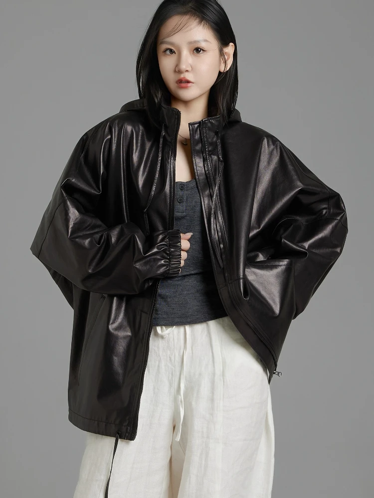 Casual Schwarz Echtes Leder Windjacke für Frauen Frühling Herbst High-end-Einfache Stehkragen Mit Kapuze Echt Schaffell Mantel