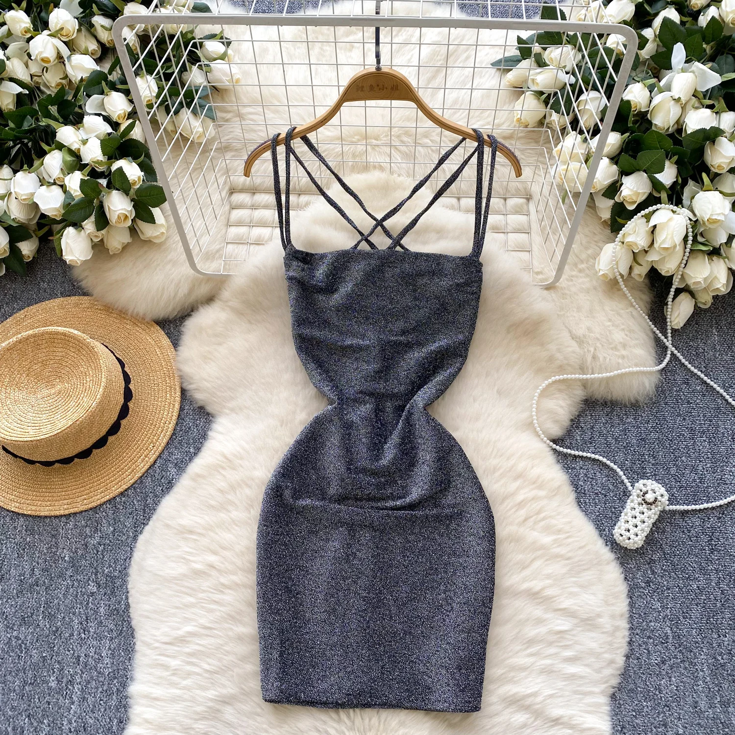 

Sexy hollow out Criss-Cross sleeveless backless Chic Elegant Vestidos Vintage Summer Women Korean Fashion Ceremonial Dress