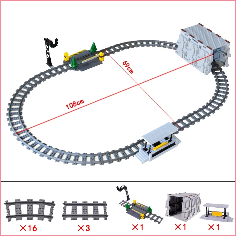 City Train Station Platform Traffic Light Cave Flyover Tracks Straight Curved Rails Building Block Bricks Technican Creative Toy