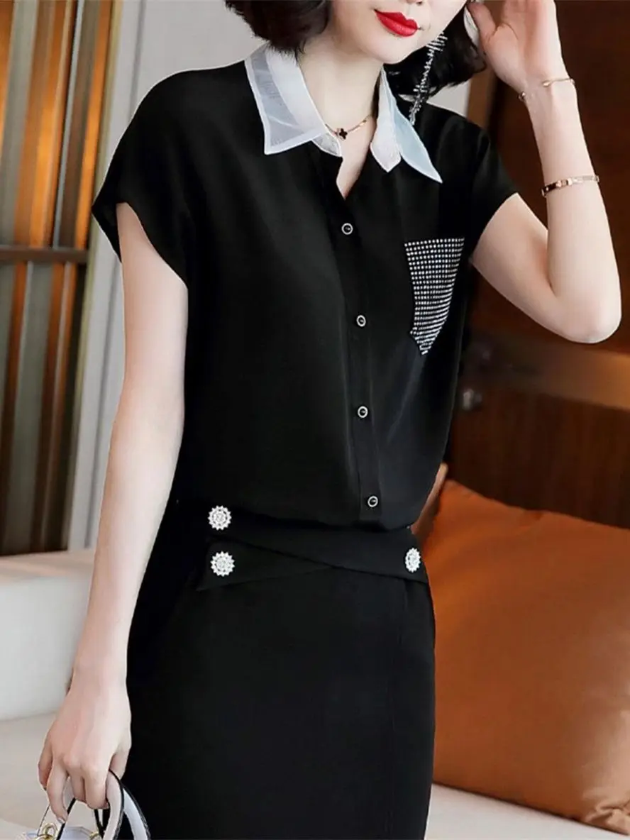 2023 Women Black Tops Women's Blouses Fashion Hot Drill Casual Short Sleeve Office Lady Work Shirts Female Slim Blusas G2812