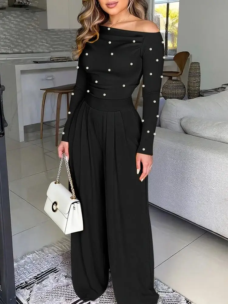 Women's Pearls Decor Skew Neck Long Sleeve Jumpsuit Cinched Waist Wide Leg Casual Ruched Zipper Back Overalls Woman Clothing