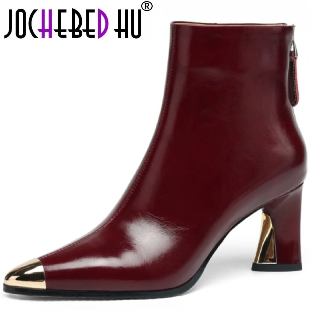 

【JOCHEBED HU】new autumn winter women Handmade Genuine Leather ankle boot metal toe back zip short thick high heel modern 34-42