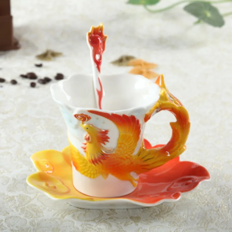 European Ceramic Coffee Cup Fashion Dragon and Phoenix Pattern Mug Breakfast Milk Oatmeal Mug Afternoon Camellia Tea Cup Giftnes