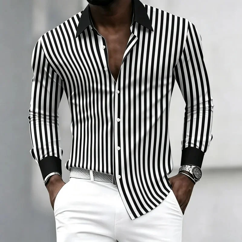 Men's Long-Sleeved Collared Shirt with Black and White Vertical Stripes, Contrasting Collar and Cuff Design, Neat and Slim Fit.