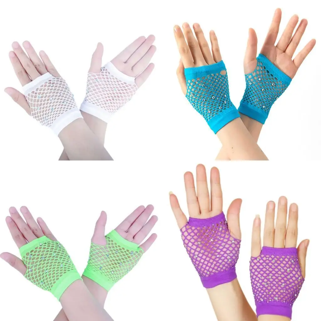 

39BD Rhinestones Embellished Short Mesh Fingerless Gloves Breathable Nylon Party Club Wear