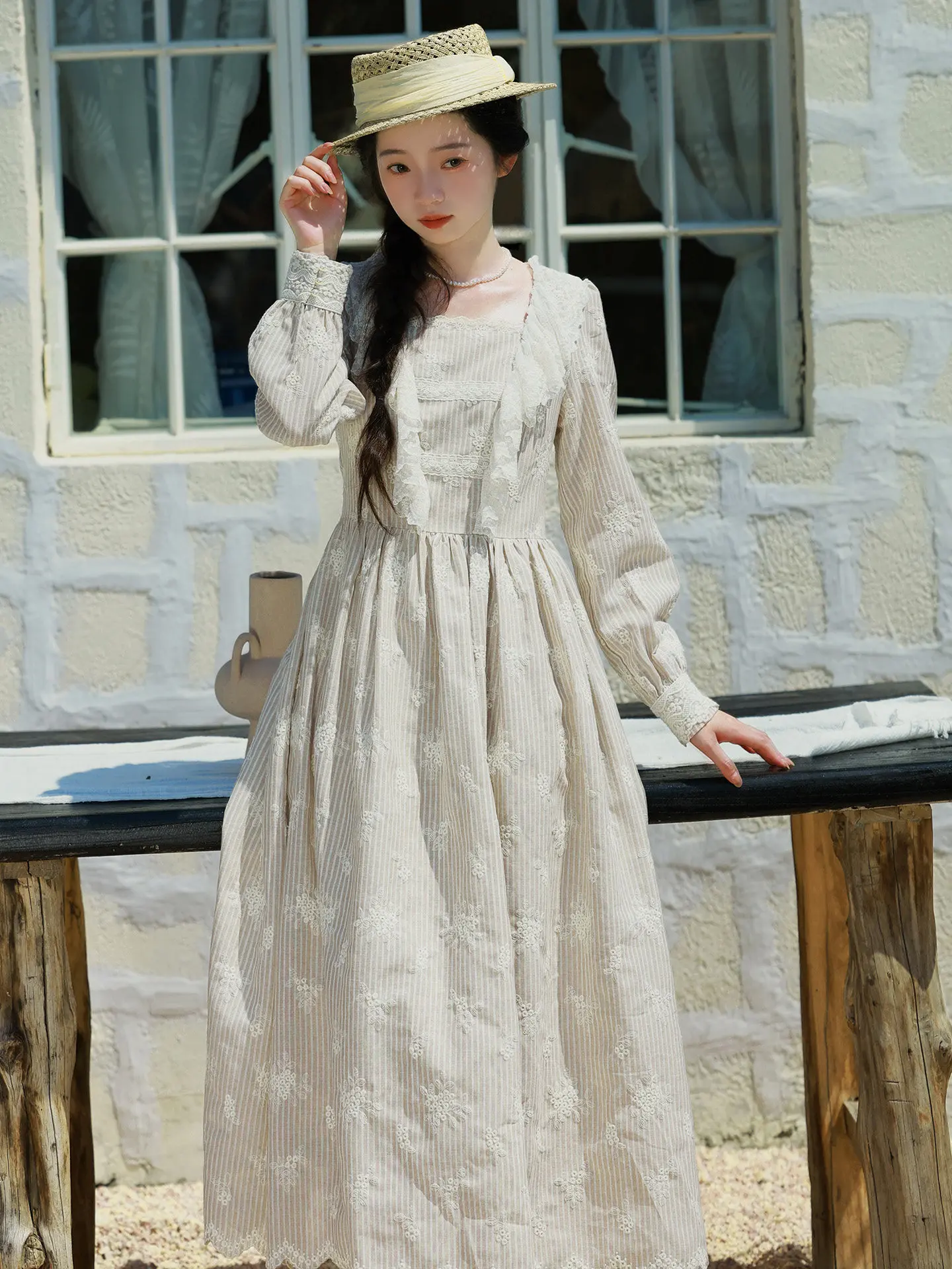 티이하일리 봄 가을 여성 베이지 자수 드레스 긴팔 롱 미디 기장 여성용 S-L 빈티지 하이웨이스트 2026 코튼 레이스