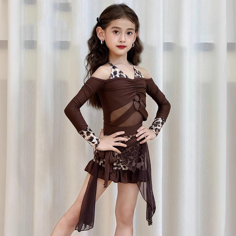 Costume de danse latine pour enfants filles, body et jupes à manches longues en maille imprimé léopard, ensemble de pratique de Performance Rumba Chacha