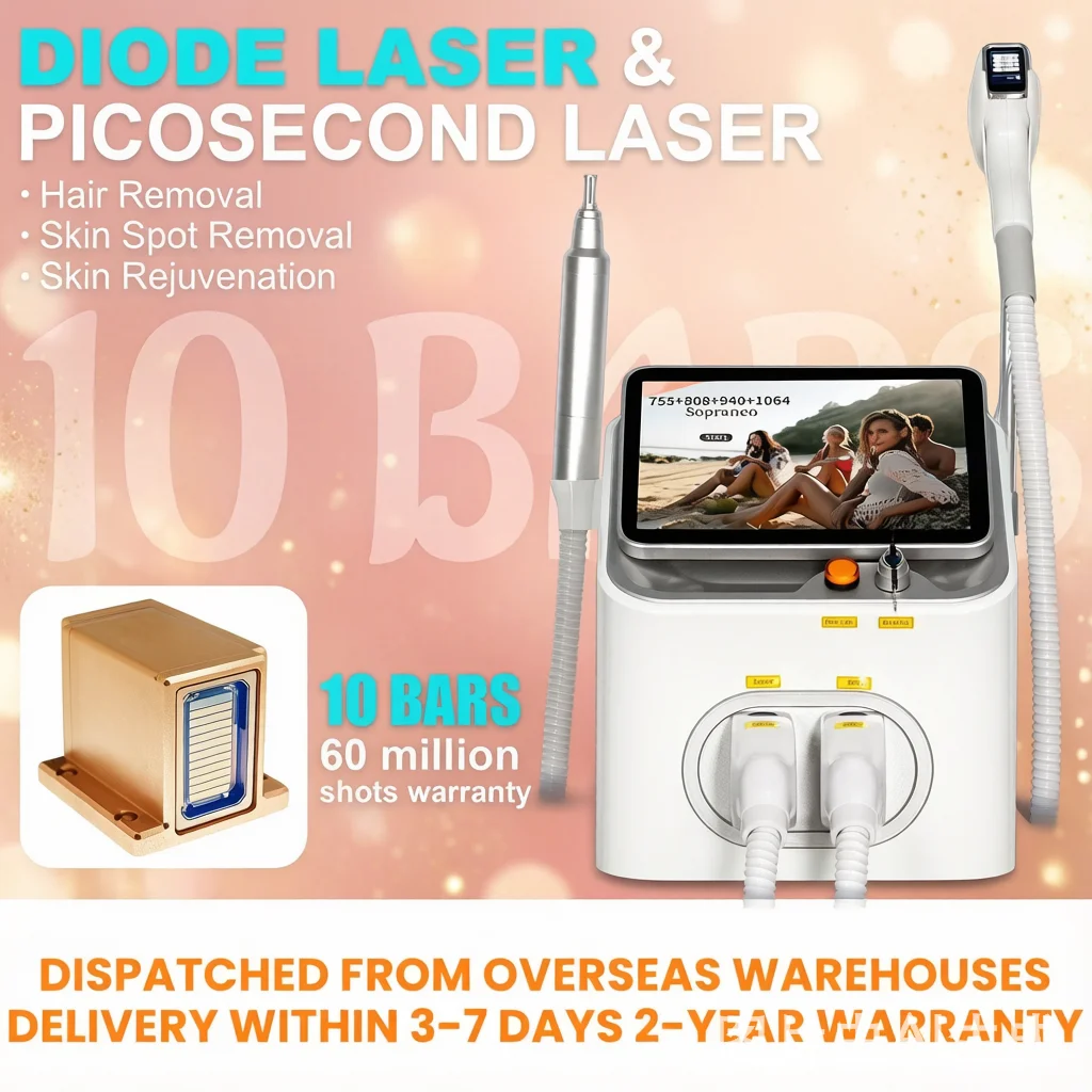5000W Pro 16 Bars 808NM Diode Hair Removal Ice Painless 2 In 1 Pico Q Switch ND YAG Tattoo /755/808/940/1064 Waves Equipment