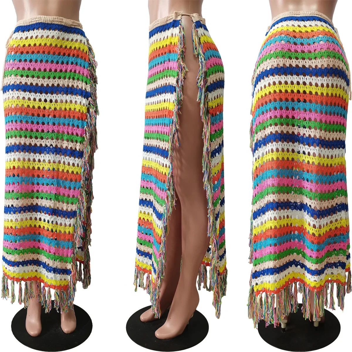 Women Beach Holiday Rainbow Striped Knit Ribbed Bowknot Waist High Side Slit Tassel Hem Maxi Long Straight Skirt 2023