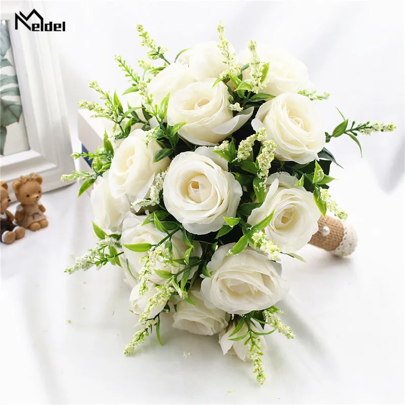 Bridal Bouquet Artificial Flower Wedding Holding Flowers White Artificial Natural Rose for Bridesmaid Bride Wedding Decorations