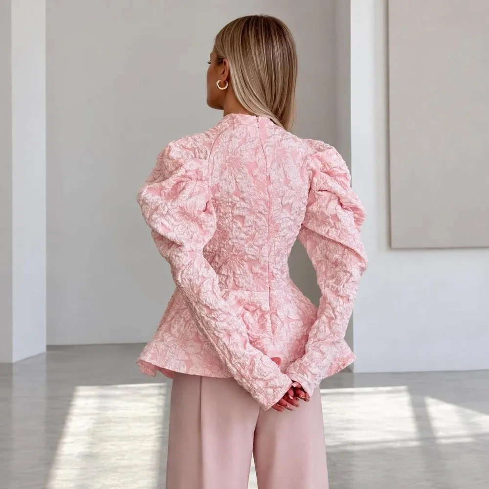 Emboss Jacquard Peplum Blouse Puff Sleeve High Neck Puff Sleeve Top Peplum Hem Fitted Waist High Neck Shirt Evening Party