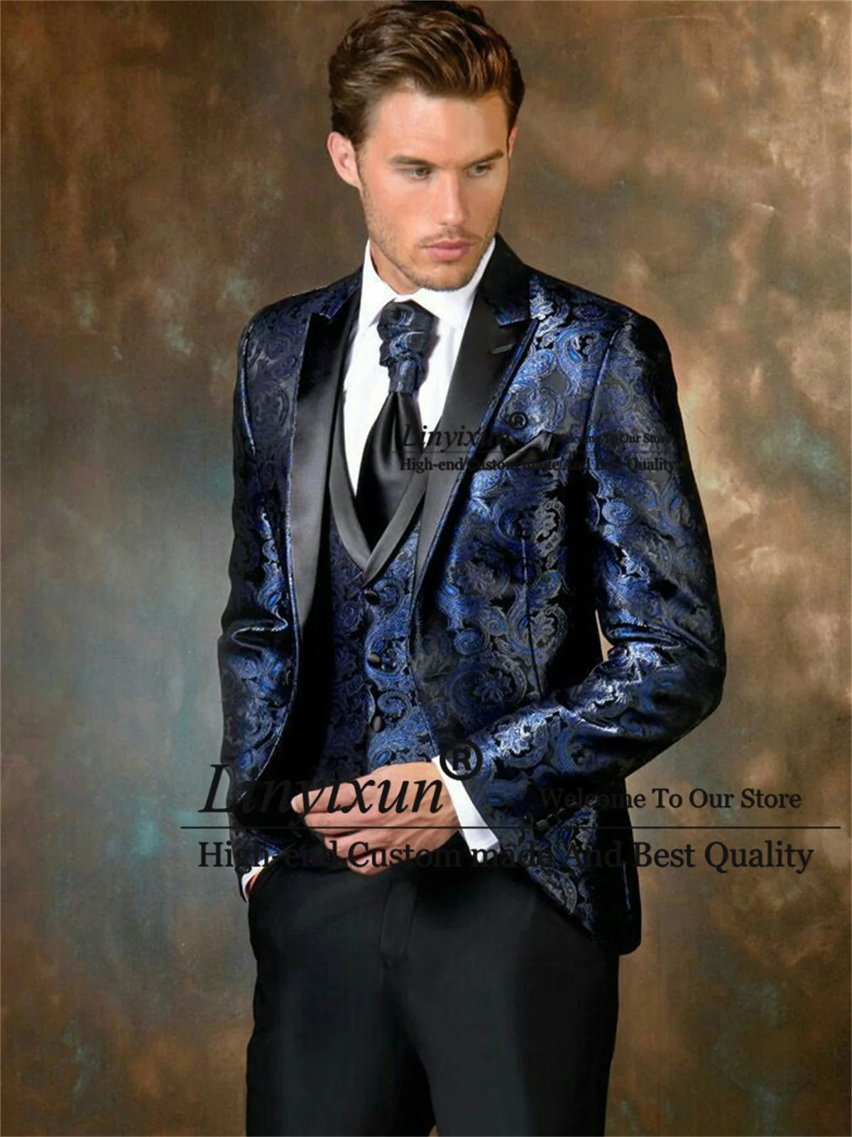 Fashion Floral Wedding Suits For Men 3 Pieces Sets Groom Tuxedos Peaked Lapel Male Prom Blazers Outfits Slim Fit Costume Homme