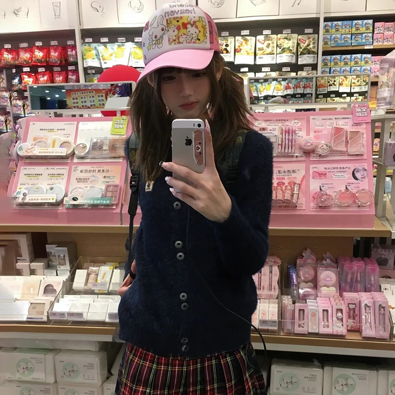 Karrram اليابانية Y2k فروي سترة 2000s نمط محبوك معطف الفرو خمر Harajuku الأزرق الداكن سميكة تريكو الكورية موضة 90s