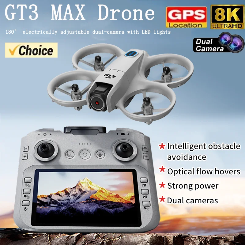 طائرة بدون طيار GT3 بشاشة كبيرة 4.3 بوصة 8K احترافية 180 °   كاميرات مزدوجة 5G WIFI تجنب العوائق بدون فرش FPV ألعاب كوادكوبتر قابلة للطي