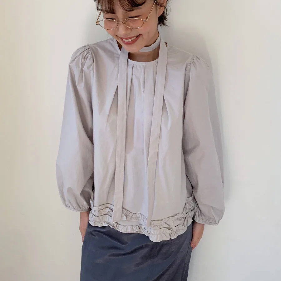 ملابس مكتب نسائية كورية أنيقة irt Sweet Gentle Age-Defng طويلة Sve مع حزام كشكش من الخشب