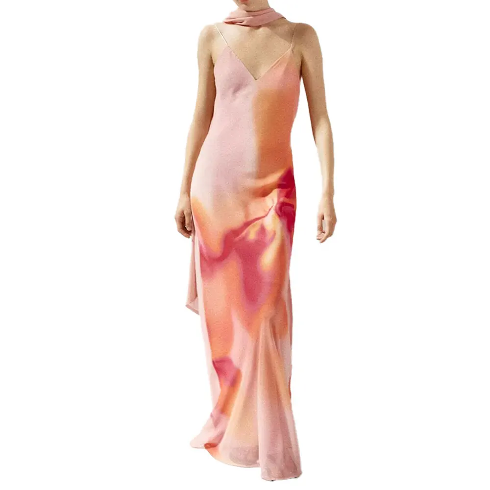 Willshela فستان نسائي صيفي شيفون مطبوع بدون ظهر ميدي فستان قصير بياقة وشاح أنثى أنيقة فساتين طويلة غير رسمية